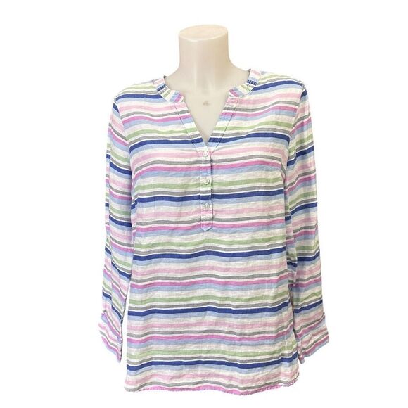 Talbots Womens Multistripe 100% Linen Henley pullover Shirt‎ size Medium - Picture 1 of 7